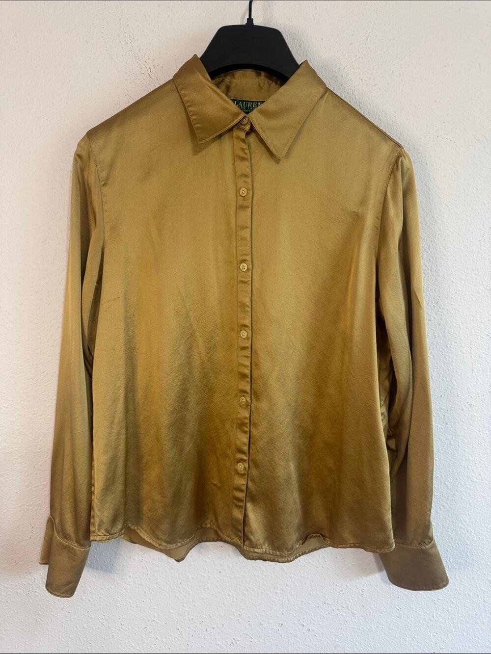 Lauren Ralph Lauren Women Gold Tone Silk Long-Sleeve Button-Up Shirt Size PL